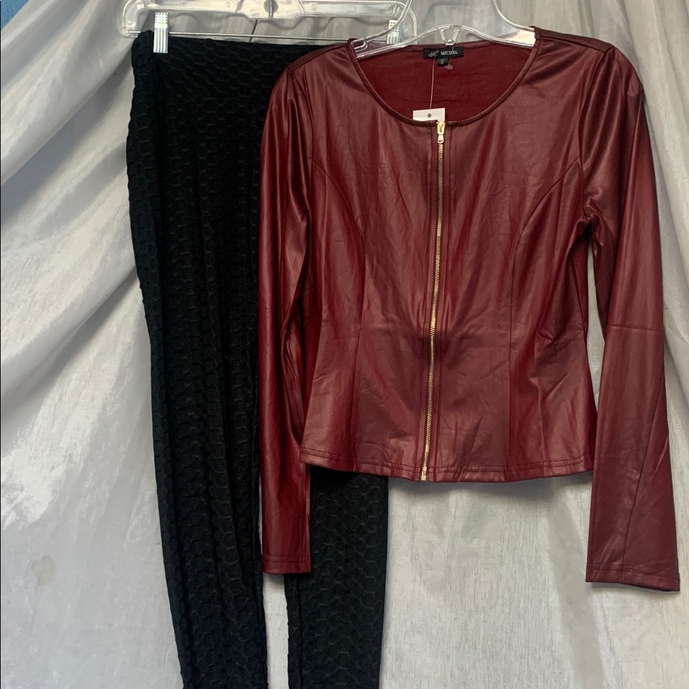 Michele Burgundy Faux Leather Zip-Front Jacket